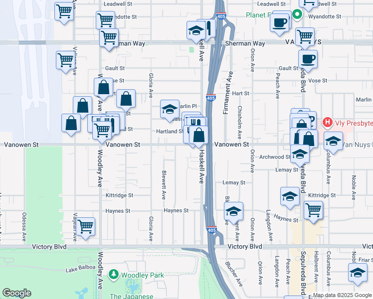 map of restaurants, bars, coffee shops, grocery stores, and more near 15736 Vanowen Street in Van Nuys