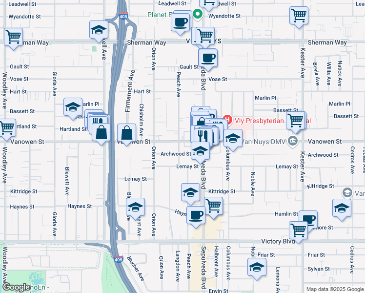 map of restaurants, bars, coffee shops, grocery stores, and more near 15352 Vanowen Street in Los Angeles