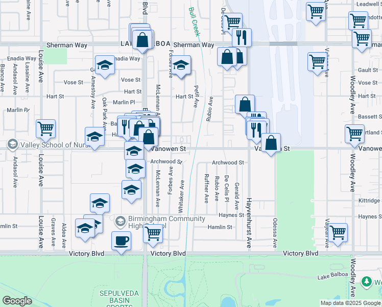 map of restaurants, bars, coffee shops, grocery stores, and more near 16706 Tim Lane in Los Angeles