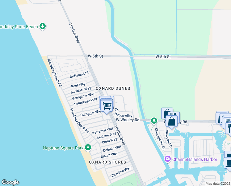 map of restaurants, bars, coffee shops, grocery stores, and more near 4941 Catamaran Street in Oxnard