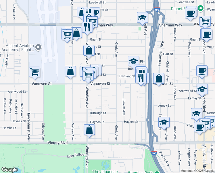 map of restaurants, bars, coffee shops, grocery stores, and more near 15938 Vanowen Street in Los Angeles