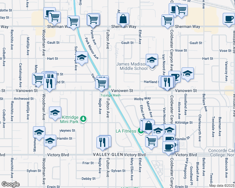 map of restaurants, bars, coffee shops, grocery stores, and more near 13255 Vanowen Street in Los Angeles