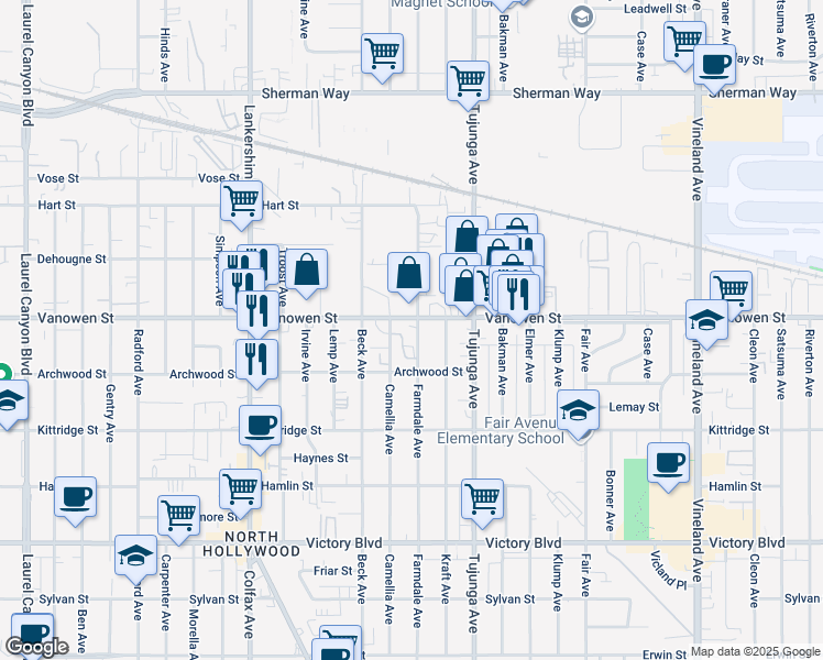 map of restaurants, bars, coffee shops, grocery stores, and more near 11471 Vanowen Street in Los Angeles