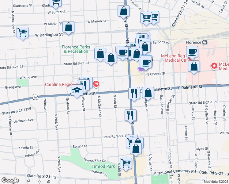map of restaurants, bars, coffee shops, grocery stores, and more near 300 State Road S-21-1176 in Florence