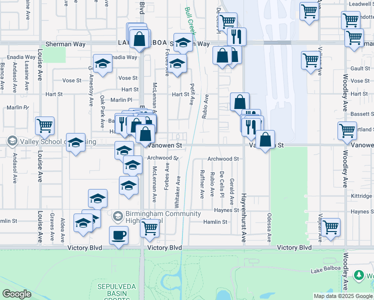 map of restaurants, bars, coffee shops, grocery stores, and more near 16706 Tim Lane in Los Angeles