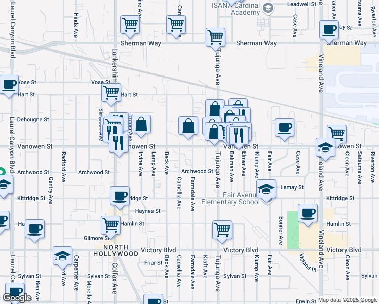 map of restaurants, bars, coffee shops, grocery stores, and more near 11470 Vanowen Street in Los Angeles