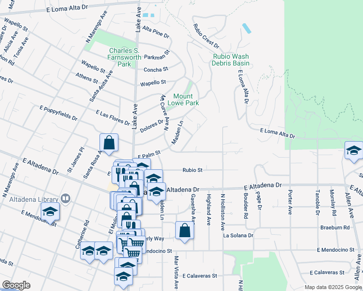 map of restaurants, bars, coffee shops, grocery stores, and more near 2857 Reposa Lane in Altadena