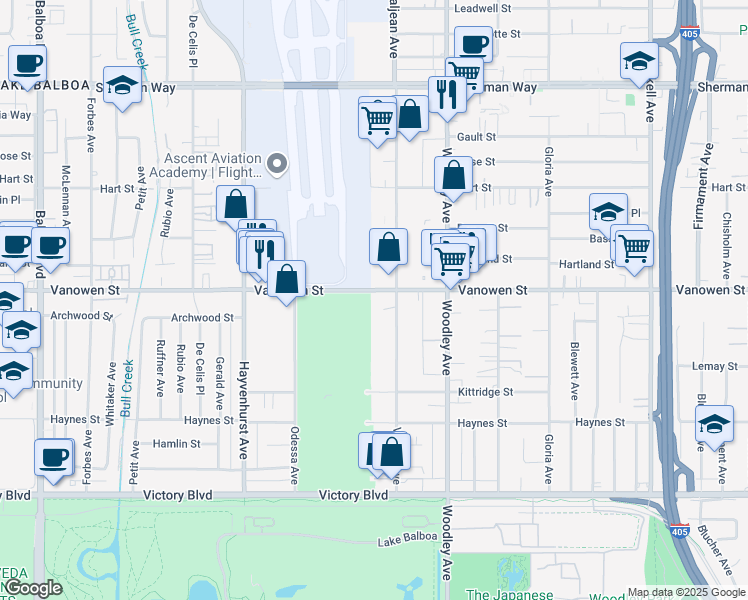 map of restaurants, bars, coffee shops, grocery stores, and more near 16226 Vanowen Street in Los Angeles