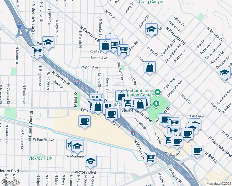 map of restaurants, bars, coffee shops, grocery stores, and more near 1711 Grismer Avenue in Burbank