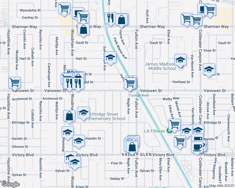 map of restaurants, bars, coffee shops, grocery stores, and more near 13417 Vanowen Street in Los Angeles