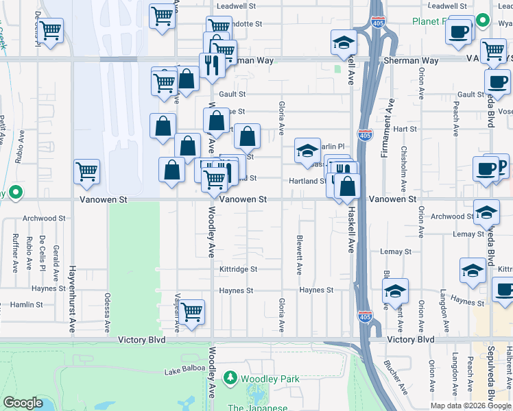 map of restaurants, bars, coffee shops, grocery stores, and more near 15935 Vanowen Street in Los Angeles