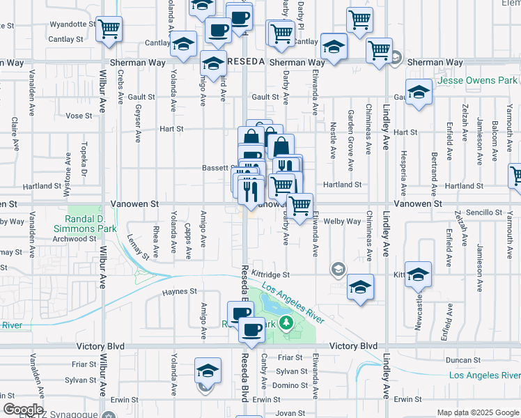 map of restaurants, bars, coffee shops, grocery stores, and more near 18415 Vanowen Street in Los Angeles