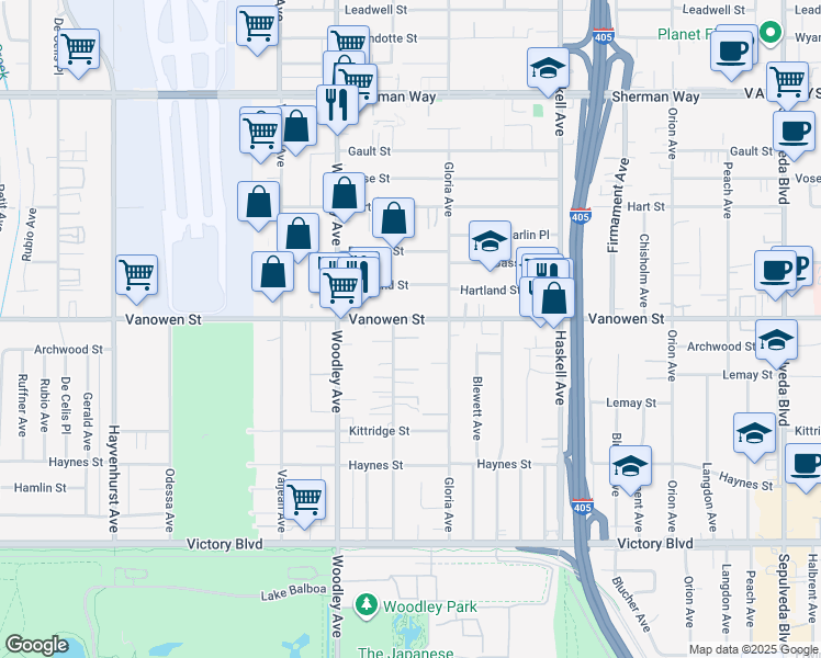 map of restaurants, bars, coffee shops, grocery stores, and more near 15946 Vanowen Street in Los Angeles