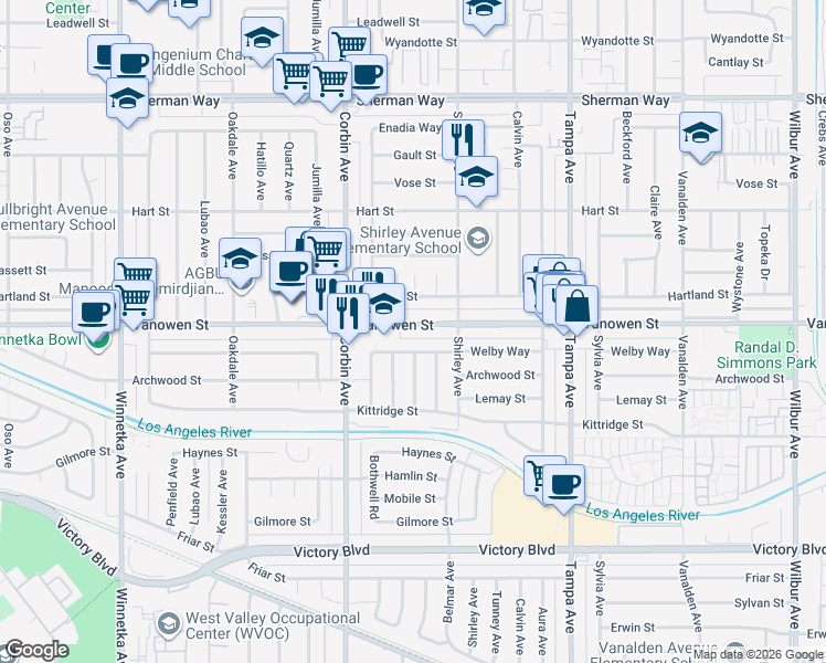 map of restaurants, bars, coffee shops, grocery stores, and more near 19550 Vanowen Street in Los Angeles