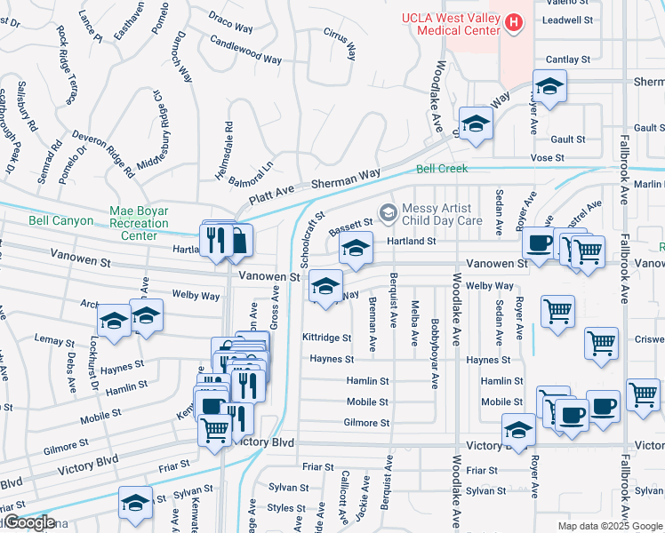 map of restaurants, bars, coffee shops, grocery stores, and more near 23417 Vanowen Street in Los Angeles