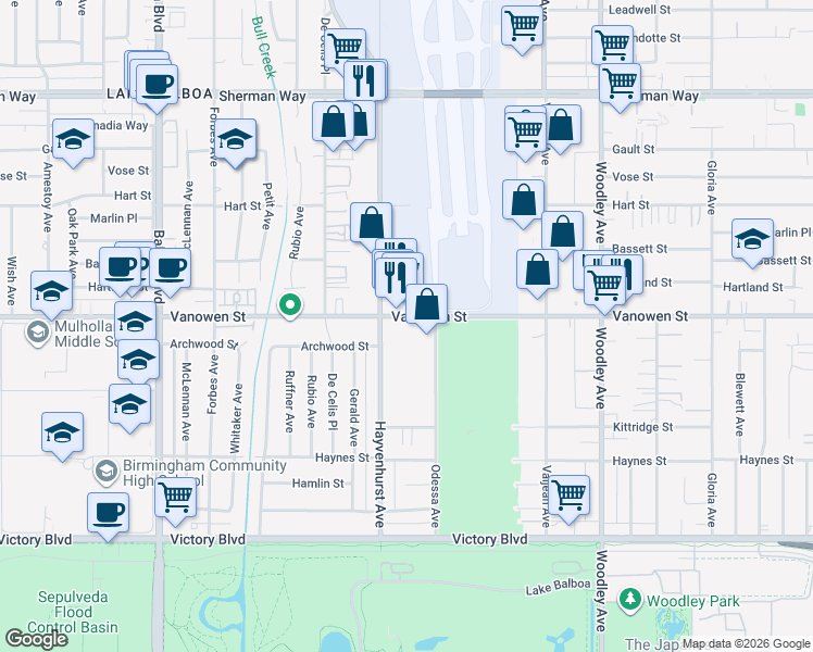 map of restaurants, bars, coffee shops, grocery stores, and more near 16425 Vanowen Street in Los Angeles