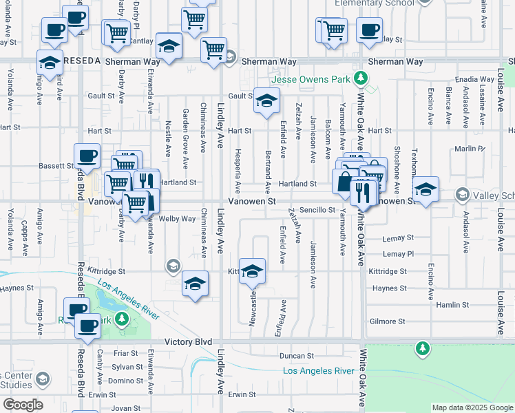map of restaurants, bars, coffee shops, grocery stores, and more near 18013 Vanowen Street in Los Angeles