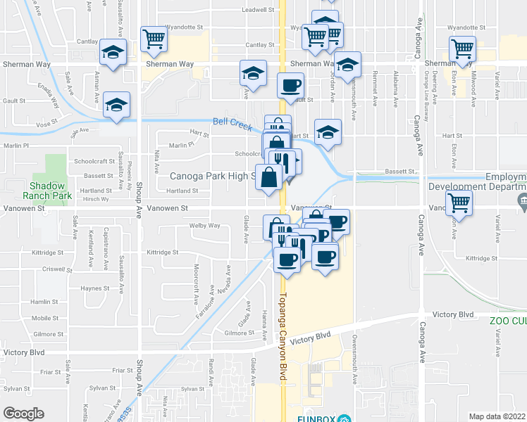 map of restaurants, bars, coffee shops, grocery stores, and more near 22019 Vanowen Street in Los Angeles