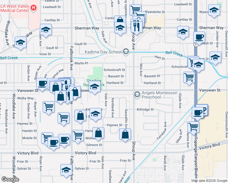 map of restaurants, bars, coffee shops, grocery stores, and more near 22524 Vanowen Street in Los Angeles