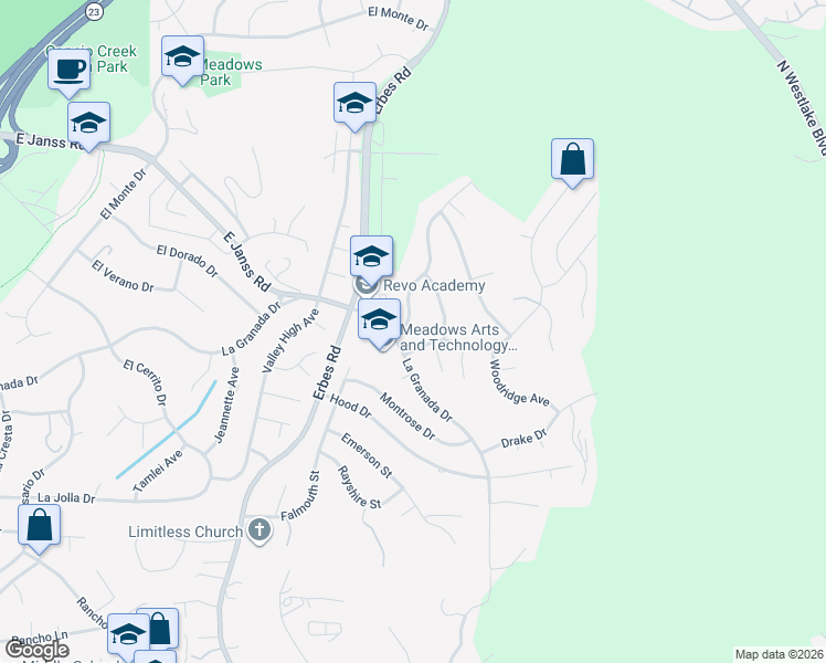 map of restaurants, bars, coffee shops, grocery stores, and more near 1214 Wilder Street in Thousand Oaks
