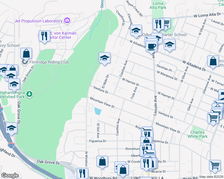 map of restaurants, bars, coffee shops, grocery stores, and more near 2795 Casitas Avenue in Altadena