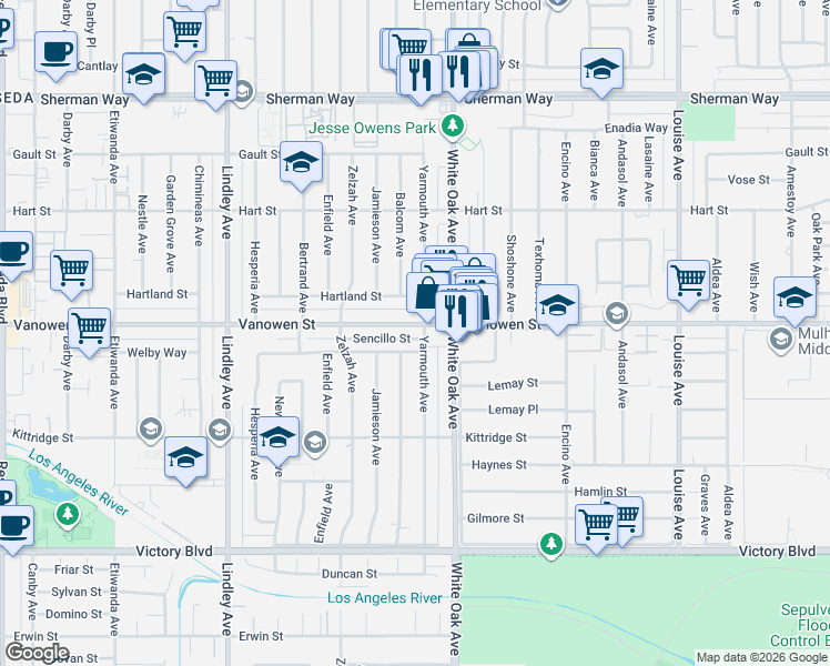 map of restaurants, bars, coffee shops, grocery stores, and more near in Los Angeles
