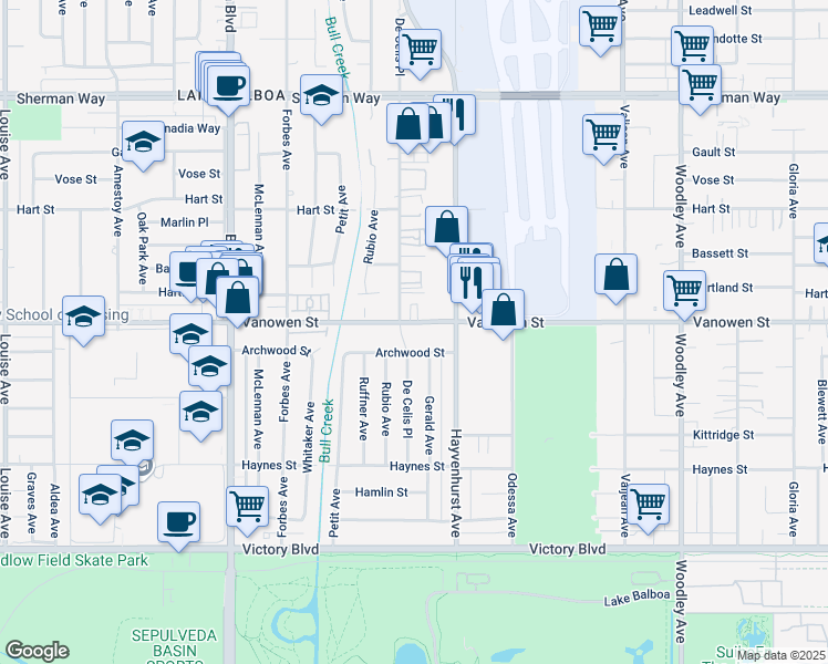 map of restaurants, bars, coffee shops, grocery stores, and more near 16550 Vanowen Street in Los Angeles