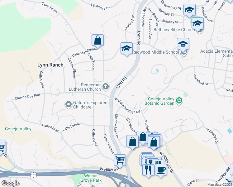map of restaurants, bars, coffee shops, grocery stores, and more near 1097 Monte Sereno Drive in Thousand Oaks