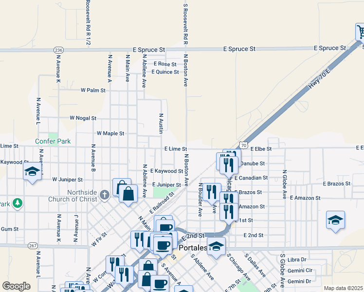 map of restaurants, bars, coffee shops, grocery stores, and more near 1300-1706 N Boston Ave in Portales