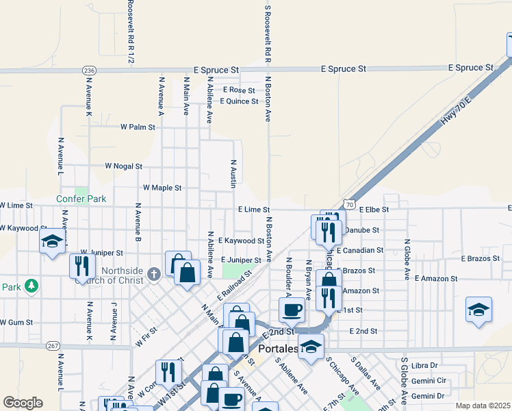 map of restaurants, bars, coffee shops, grocery stores, and more near 1321 North Boston Avenue in Portales