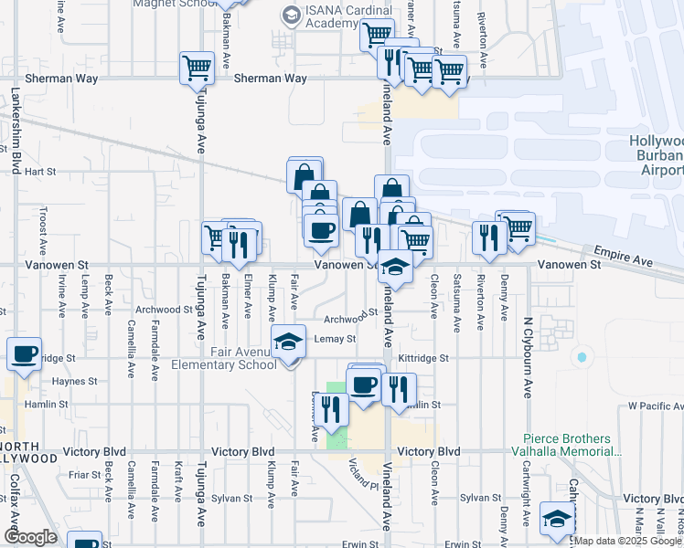 map of restaurants, bars, coffee shops, grocery stores, and more near 6763 Case Avenue in Los Angeles