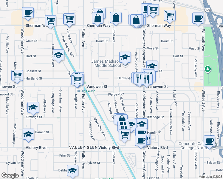 map of restaurants, bars, coffee shops, grocery stores, and more near 13116 Vanowen Street in Los Angeles