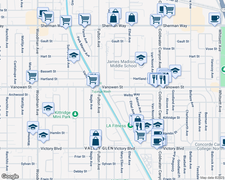 map of restaurants, bars, coffee shops, grocery stores, and more near 13205 Vanowen Street in Los Angeles