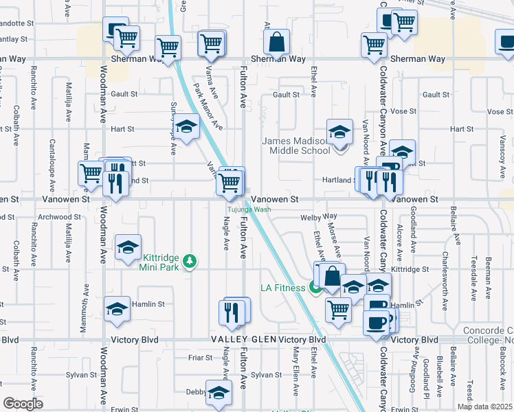 map of restaurants, bars, coffee shops, grocery stores, and more near 13255 Vanowen Street in Los Angeles