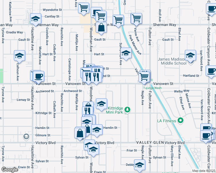 map of restaurants, bars, coffee shops, grocery stores, and more near 13616 Vanowen Street in Los Angeles