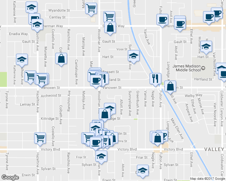 map of restaurants, bars, coffee shops, grocery stores, and more near 13616 Vanowen Street in Los Angeles