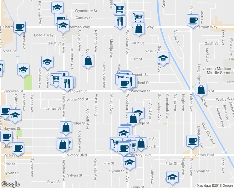 map of restaurants, bars, coffee shops, grocery stores, and more near 6801 Mammoth Avenue in Los Angeles