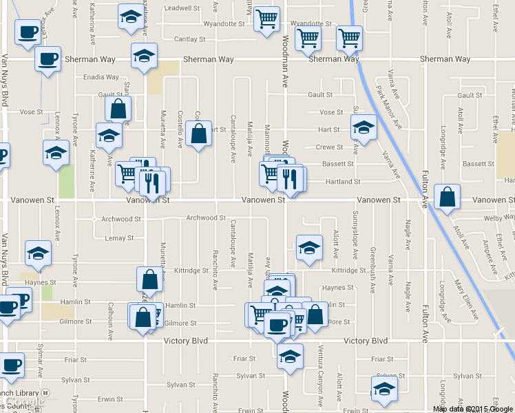 map of restaurants, bars, coffee shops, grocery stores, and more near 6801 Mammoth Avenue in Los Angeles