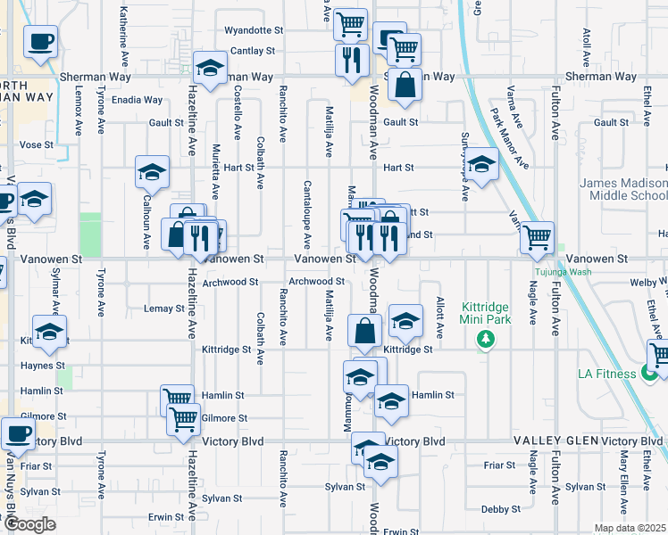 map of restaurants, bars, coffee shops, grocery stores, and more near 6801 Mammoth Avenue in Los Angeles