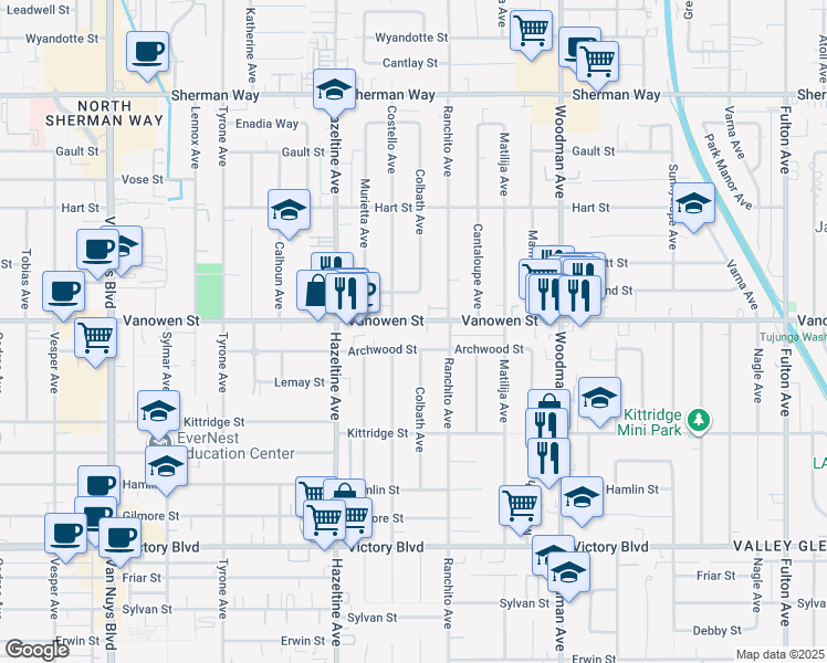 map of restaurants, bars, coffee shops, grocery stores, and more near 13942 Vanowen Street in Los Angeles