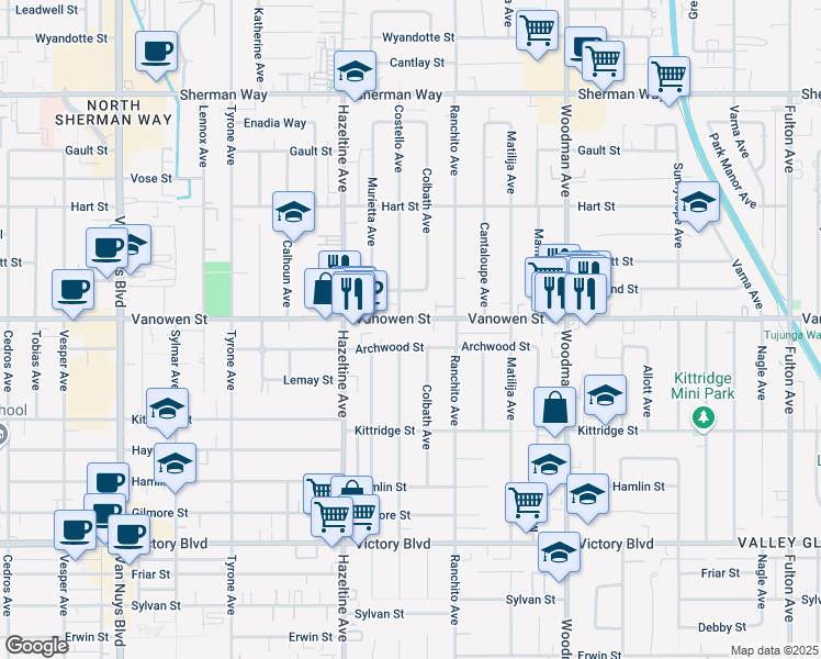 map of restaurants, bars, coffee shops, grocery stores, and more near 13942 Vanowen Street in Los Angeles