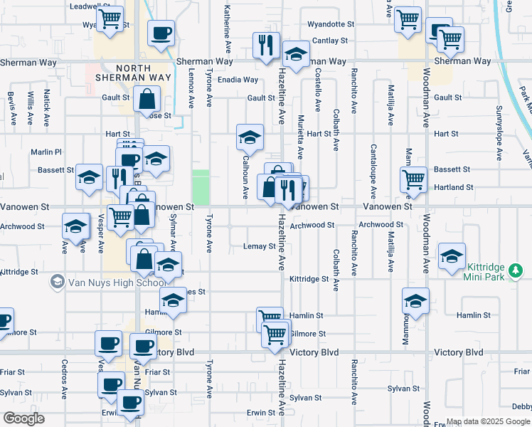 map of restaurants, bars, coffee shops, grocery stores, and more near 14147 Vanowen Street in Los Angeles