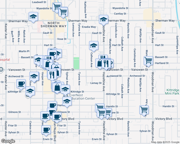 map of restaurants, bars, coffee shops, grocery stores, and more near 14227 Vanowen Street in Los Angeles