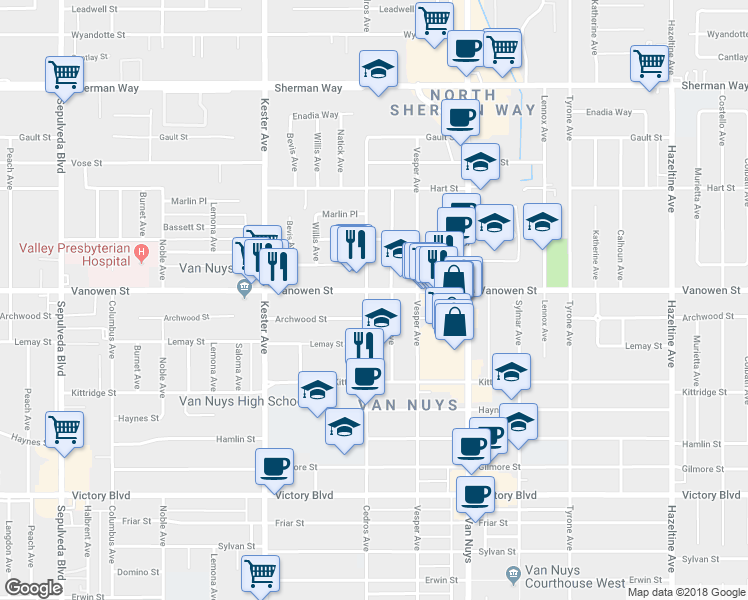 map of restaurants, bars, coffee shops, grocery stores, and more near in Los Angeles