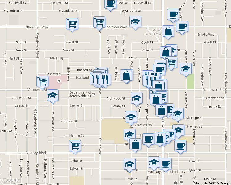 map of restaurants, bars, coffee shops, grocery stores, and more near 14759 Vanowen Street in Los Angeles