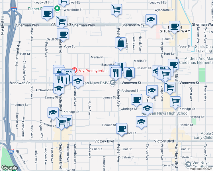 map of restaurants, bars, coffee shops, grocery stores, and more near 15001 Vanowen Street in Los Angeles