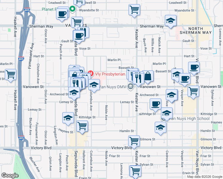 map of restaurants, bars, coffee shops, grocery stores, and more near 15022 Vanowen Street in Los Angeles