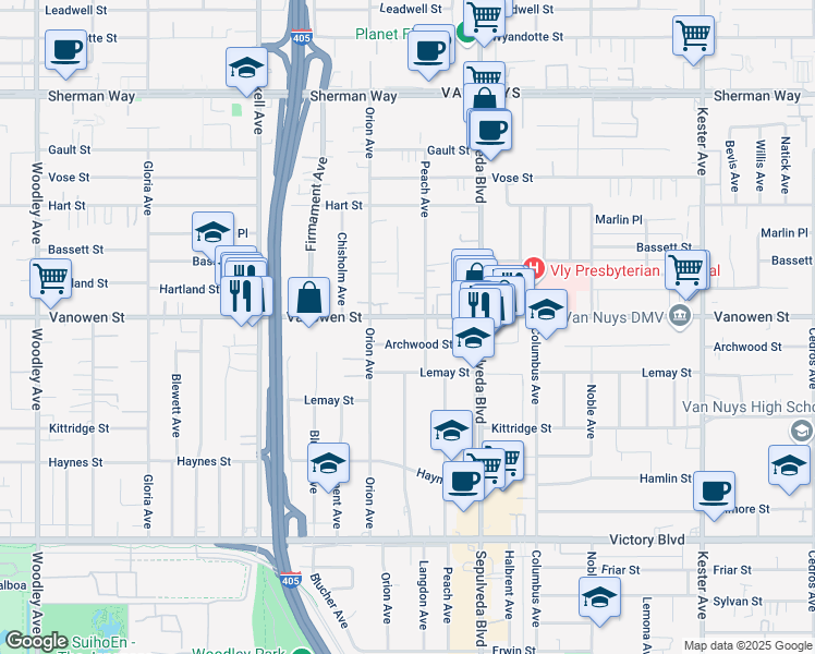 map of restaurants, bars, coffee shops, grocery stores, and more near 15405 Vanowen Street in Los Angeles