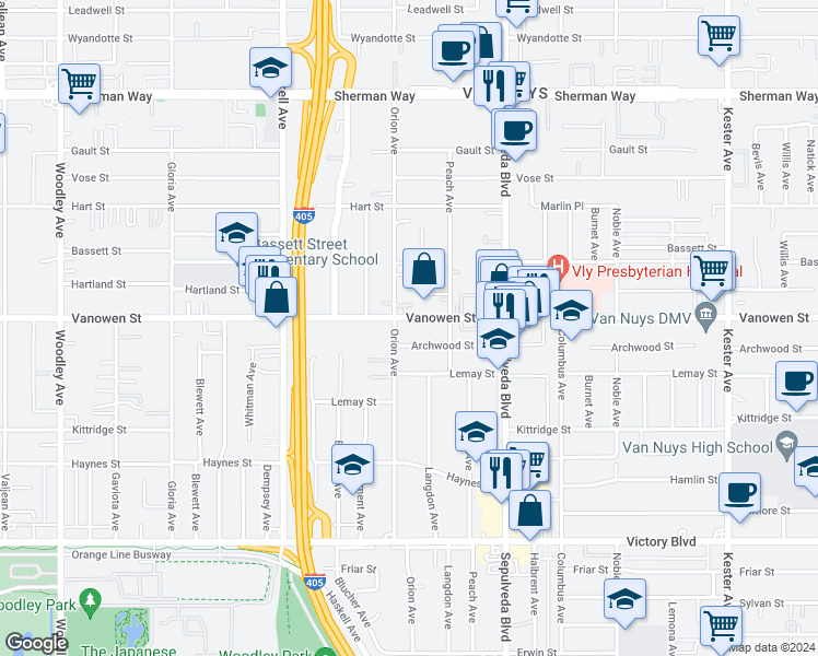 map of restaurants, bars, coffee shops, grocery stores, and more near in Los Angeles