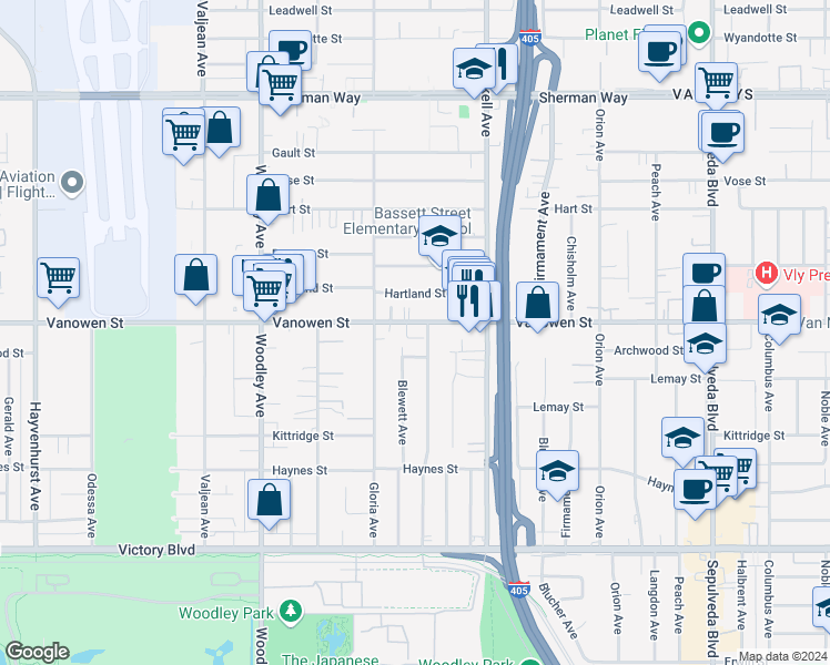 map of restaurants, bars, coffee shops, grocery stores, and more near 15819 Vanowen Street in Los Angeles